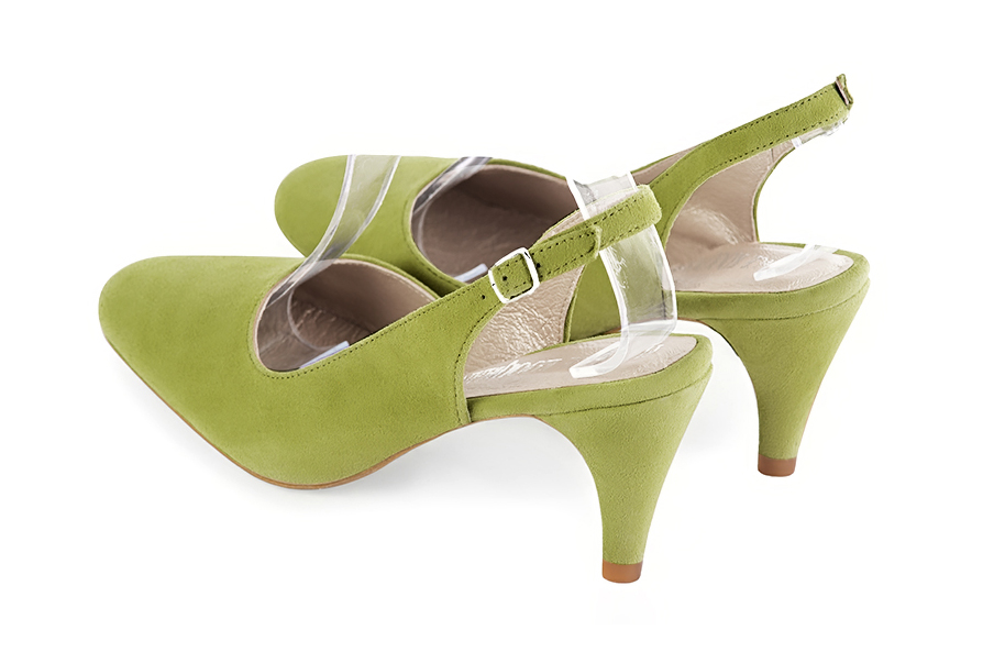 Women's pistachio green slingback dress shoes. Round toe. High slim heel - Rear view